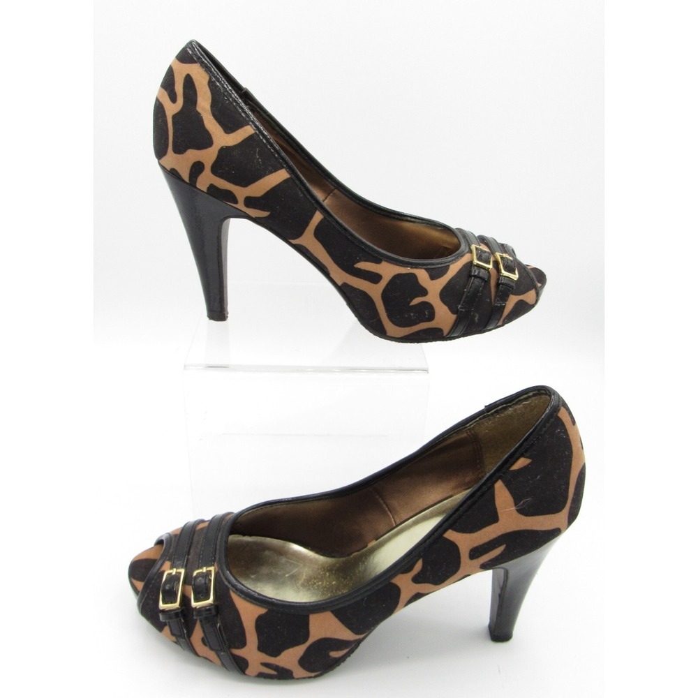 Candies Heels Brown & Black Leopard Fabric 3.5-Inch Heel Peep Toe Size 7M